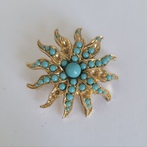Vintage Bellini Victorian Revival Gold Turquoise Seed Pearl Starburst Brooch